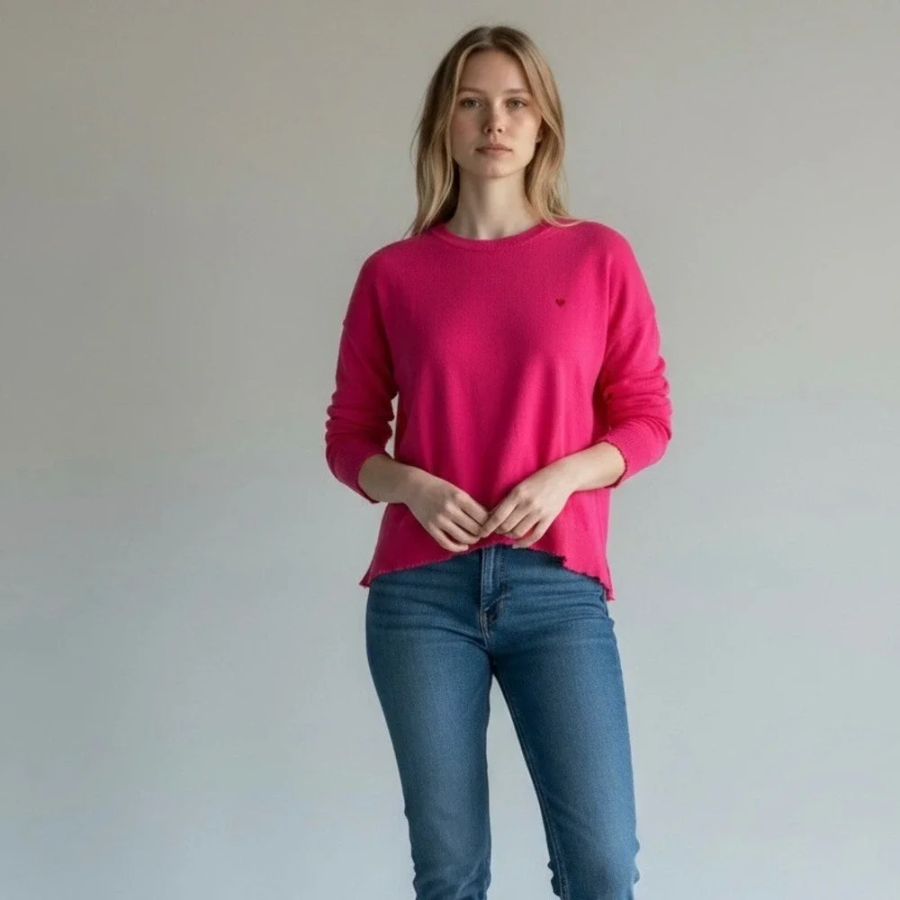 Sundry Pink Wool Cashmere Heart Scallop Trim Sweater Size 1 Small